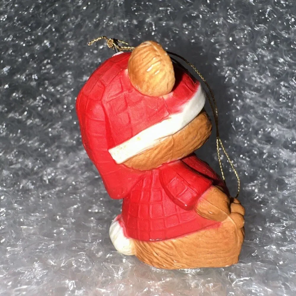 Vtg Enesco 1983 Christmas Ornament Teddy Bear Sitting Red Hat Shirt Holly 2